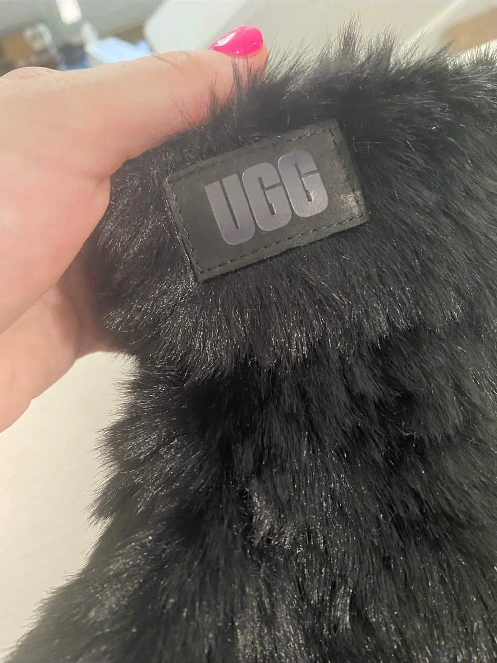 UGG Black Faux Fur Fingerless Gloves- Logo Detail